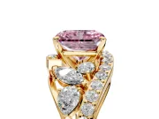 Halo Engagement Ring Setting for Fancy Pink Radiant Cut Center with Marquise and Pave Bypass Band and Prong Head in Yellow Gold