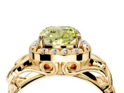 Halo Engagement Ring Setting for Fancy Yellow Cushion Cut Center with Open Scroll Shoulders and Prong Head in Yellow Gold