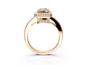 Halo Engagement Ring Setting for Emerald Cut Center with Metal-Rimmed Halo, Pave Band and Prong Head in Rose Gold