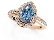 Pave Halo Engagement Ring Setting for Fancy Blue Pear-Shaped Center with Single Row Pave Band and Prong Head in Rose Gold
