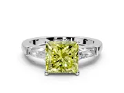 3 Stone Engagement Ring Setting for Fancy Yellow Princess Cut Center with Tapered Baguettes, Plain Band and Prong Head in White Gold