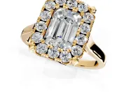 Single Halo Engagement Ring Setting for Emerald Cut Center with Corner Claws, Plain Band and Prong Head in Yellow Gold