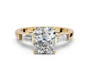 3 Stone Engagement Ring Setting for Radiant Cut Center with Channel Baguette Accents and Prong Head in Yellow Gold