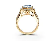 Large Accent Halo Engagement Ring Setting for Fancy Blue Princess Cut Center with Pave Split Shank and Prong Head in Yellow Gold