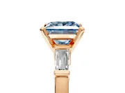 3 Stone Engagement Ring Setting for Fancy Blue Princess Cut Center with Channel Baguette Accents and Prong Head in Rose Gold