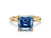 Low-Set Solitaire Engagement Ring Setting for Fancy Blue Asscher Cut Center with Thin Plain Band and Prong Head in Yellow Gold
