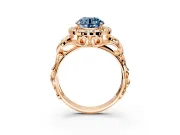 Halo Engagement Ring Setting for Fancy Blue Round Cut Center with Open Scroll Shoulders and Prong Head in Rose Gold