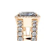 Halo Engagement Ring Setting for Emerald Cut Center with Wide-Open Pave Split Shank and Prong Head in Rose Gold