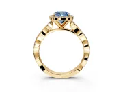 Halo Engagement Ring Setting for Fancy Blue Cushion Cut Center with Pave and Plain Twist Band and Prong Head in Yellow Gold