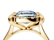 Single Halo Engagement Ring Setting for Fancy Blue Asscher Cut Center with Corner Claws, Plain Band and Prong Head in Yellow Gold