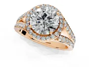 Halo Engagement Ring Setting for Round Cut Center with Narrow Pave Split Shank and Prong Head in Rose Gold