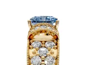 Pave Engagement Ring Setting for Fancy Blue Radiant Cut Center with Curved Accent Rows, Openwork and Prong Head in Yellow Gold