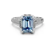 Solitaire Engagement Ring Setting for Fancy Blue Emerald Cut Center with Accented Split Shank and Prong Head in Platinum
