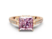 Cathedral Engagement Ring Setting for Fancy Pink Princess Cut Center with Antique-Style Pave Band and Prong Head in Rose Gold