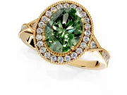 Halo Engagement Ring Setting for Fancy Green Oval Center with Milgrain Rim, Pave Band and Prong Head in Yellow Gold