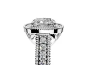 Milgrain Halo Engagement Ring Setting for Cushion Cut Center with Pave Band and Prong Head in Platinum