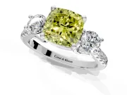 3 Stone Engagement Ring Setting for Fancy Yellow Cushion Cut Center with Crossover Basket, Pave Band and Prong Head in Platinum