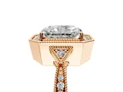 Halo Engagement Ring Setting for Radiant Cut Center with Milgrain Rim, Pave Band and Prong Head in Rose Gold