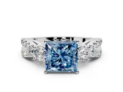 3 Stone Engagement Ring Setting for Fancy Blue Princess Cut Center with Pave Split Shank and Prong Head in Sterling Silver