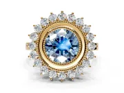 Halo Engagement Ring Setting for Fancy Blue Round Cut Center with Milgrain Bezel Rim, Plain Band and Prong Head in Yellow Gold