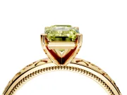 Solitaire Engagement Ring Setting for Fancy Yellow Emerald Cut Center with Scrollwork Band and Prong Head in Yellow Gold
