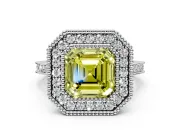 Halo Engagement Ring Setting for Fancy Yellow Asscher Cut Center with Milgrain Frame, Pave Band and Prong Head in Platinum