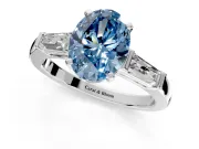 3 Stone Engagement Ring Setting for Fancy Blue Oval Center with Tapered Baguettes, Plain Band and Prong Head in Platinum