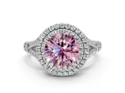 Double Halo Engagement Ring Setting for Fancy Pink Round Cut Center with Narrow Pave Split Shank and Prong Head in Sterling Silver