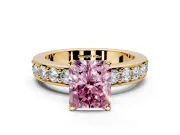 Solitaire Engagement Ring Setting for Fancy Pink Radiant Cut Center with Channel-Set Accents and Prong Head in Yellow Gold
