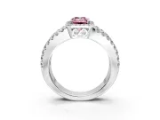 Halo Engagement Ring Setting for Fancy Pink Emerald Cut Center with Wide-Open Pave Split Shank and Prong Head in Platinum