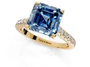 Solitaire Engagement Ring Setting for Fancy Blue Asscher Cut Center with Widening Pave Band and Claw Prong Head in Yellow Gold
