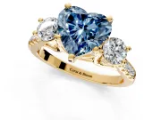 3 Stone Engagement Ring Setting for Fancy Blue Heart-Shaped Center with Crossover Basket, Pave Band and Prong Head in Yellow Gold