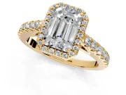 Halo Engagement Ring Setting for Emerald Cut Center with Full Pave Band and Prong Head in Yellow Gold