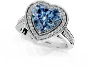 Halo Engagement Ring Setting for Fancy Blue Heart-Shaped Center with Outer Bezel Rim, Pave Band and Prong Head in Sterling Silver