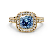 Halo Engagement Ring Setting for Fancy Blue Cushion Cut Center with Milgrain Halo, Pave Band and Prong Head in Yellow Gold