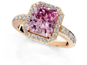Halo Engagement Ring Setting for Fancy Pink Radiant Cut Center with Heart-Shaped Openwork, Pave Band and Prong Head in Rose Gold