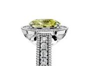 Milgrain Halo Engagement Ring Setting for Fancy Yellow Oval Center with Pave Band and Prong Head in Platinum