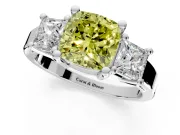 3 Stone Engagement Ring Setting for Fancy Yellow Cushion Cut Center with Matching Side Accents and Prong Head in Platinum