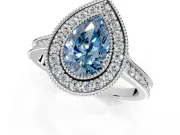 Halo Engagement Ring Setting for Fancy Blue Pear-Shaped Center with Milgrain Pave Band and Bezel Head in Sterling Silver