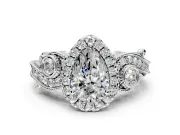 Milgrain Halo Engagement Ring Setting for Pear-Shaped Center with Shoulder Bezels and Prong Head in White Gold