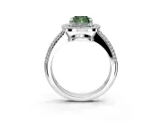 Milgrain Halo Engagement Ring Setting for Fancy Green Cushion Cut Center with Three-Sided Pave Band and Prong Head in Platinum