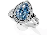 Halo Engagement Ring Setting for Fancy Blue Pear-Shaped Center with Outer Bezel Rim, Pave Band and Prong Head in Platinum