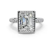 Halo Engagement Ring Setting for Emerald Cut Center with Metal-Rimmed Halo, Pave Band and Prong Head in White Gold