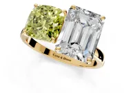 Fancy Yellow Cushion Cut and Emerald Cut Lab-Grown Diamond Toi et Moi Engagement Ring with Prong-Set Stones in Yellow Gold