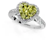 Halo Engagement Ring Setting for Fancy Yellow Heart-Shaped Center with Full Pave Band and Prong Head in White Gold