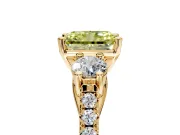 3 Stone Engagement Ring Setting for Fancy Yellow Radiant Cut Center with Crossover Basket, Pave Band and Prong Head in Yellow Gold