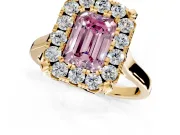 Single Halo Engagement Ring Setting for Fancy Pink Emerald Cut Center with Corner Claws, Plain Band and Prong Head in Yellow Gold