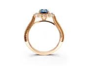 Milgrain Halo Engagement Ring Setting for Fancy Blue Emerald Cut Center with Bezel Point Accents and Prong Head in Rose Gold
