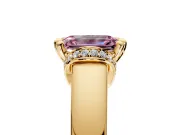 Solitaire Engagement Ring Setting for Fancy Pink Emerald Cut Center with Wide Band, Pave Collar and Prong Head in Yellow Gold