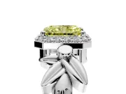 Halo Engagement Ring Setting for Fancy Yellow Radiant Cut Center with Floral Band and Prong Head in White Gold